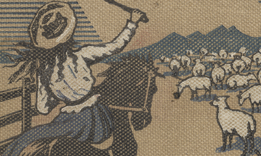 Detail of the cover of Miles Franklin's 'My Brillirant Career' which features a women on a horse herding sheep
