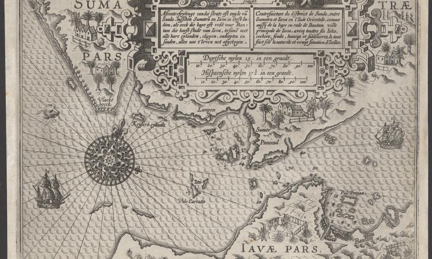 An old black and white map of the Sunda Strait decorated with pictures of navigational symbols, landmarks and ships