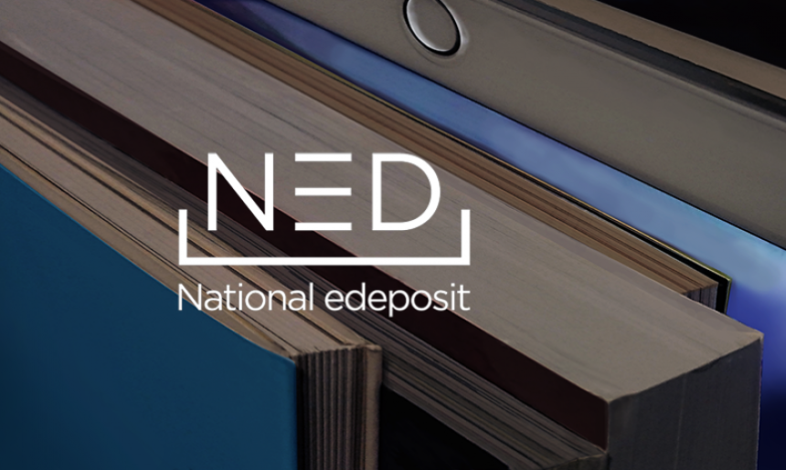 NED National edeposit logo on image of books and an ipad