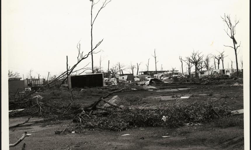 Black and white photo of damage to a caravan park about Cyclone Tracy, including several large tree branches on the ground and damaged caravans
