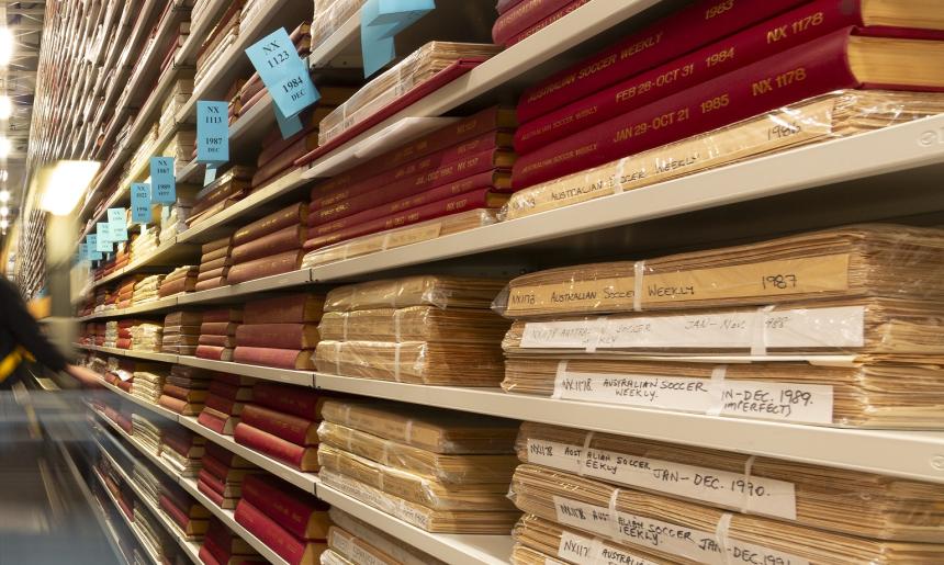 Shelves with bundles of newspapers