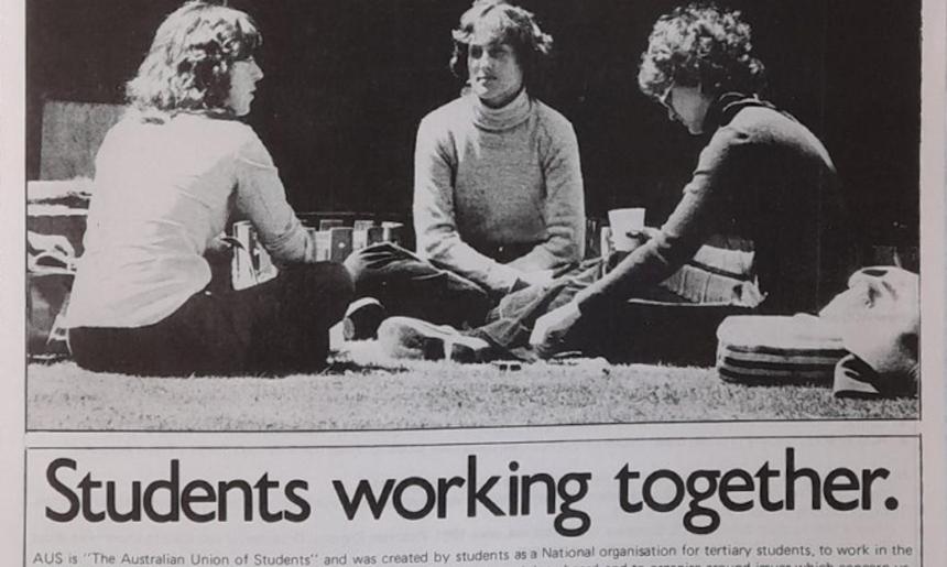 Leaflet with a large image of three students, bold text reading 'AUS & YOU' and some information about The Australian Union of Students