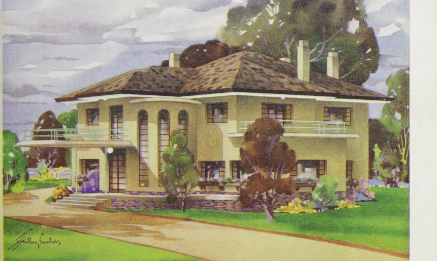 Cover of 'The Australian Home Beautiful' magazine featuring an illustration of a large yellow house with lots of windows, two balconies and a curved wall on a sunny day