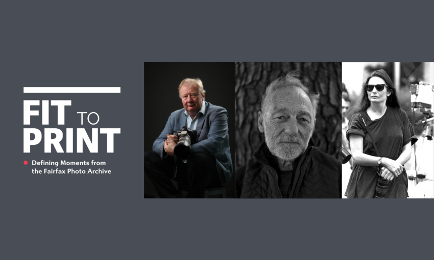 Grey background with white text reading 'Fit to Print' and individual photos of photographers Mike Bowers, Rick Stevens and Lorie Graham