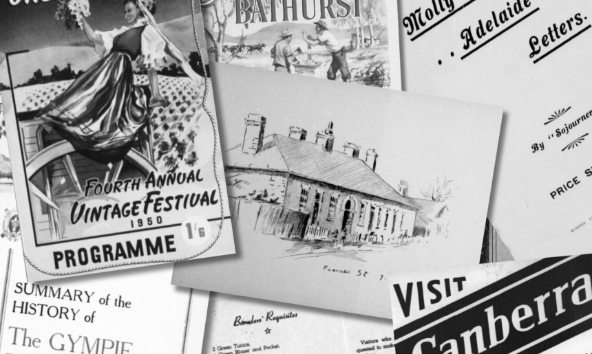 Black and white local history pamphlets and flyers, and a sketch of a large house