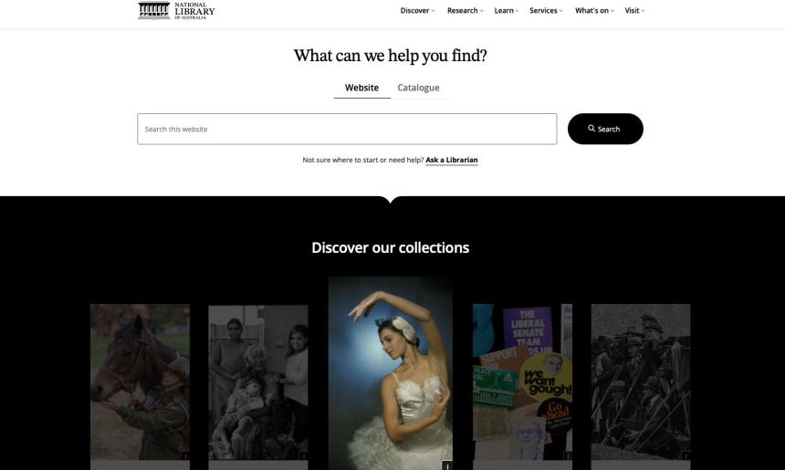 A screenshot of the Library's homepage dispalying the top banner, logo, navigation menu, search field anmd collections cards