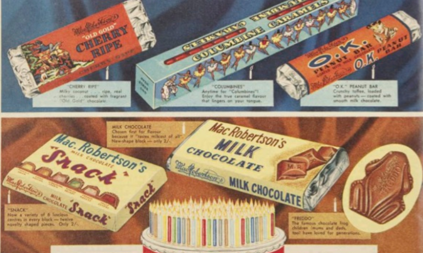 Advertisement for Macrobertson's chocolate for their 75th anniversary with illustrations of their various chocolates