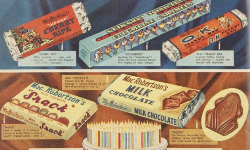 Advertisement for Macrobertson's chocolate for their 75th anniversary with illustrations of their various chocolates