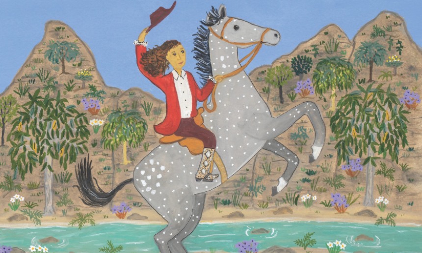 Part of the cover of children's book 'The Legend of Jessie Hickman' featuring a woman sitting on a horse, which is standing on its back legs, holding her hat up