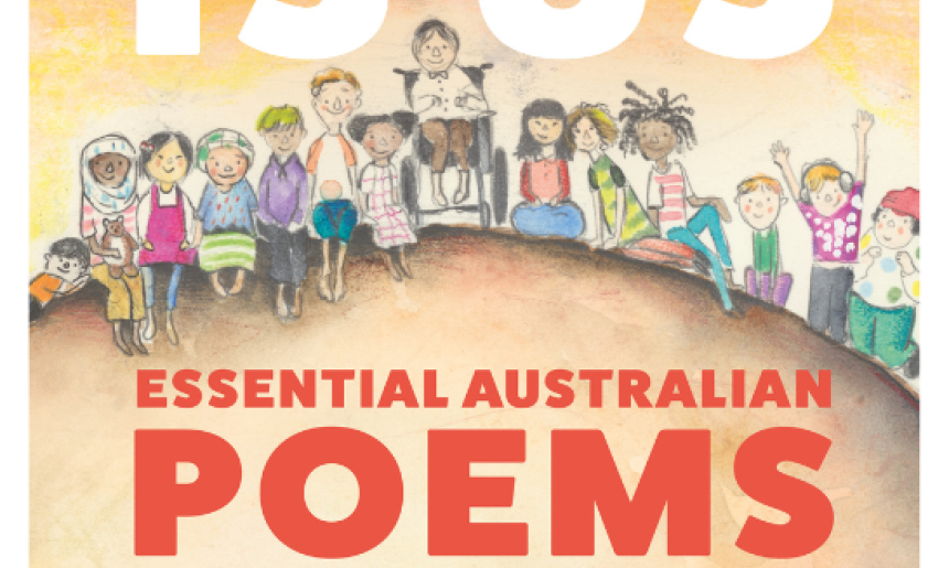 Book cover with the title 'This is Us' in large white text, the subtitle 'Essential Australian Poems for Young People' is red text and illustrations of Australian children on an orange background