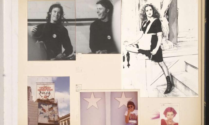 Multiple photographs, including portraits of Jim Sharman and portrait of Magenta from Rocky Horror Picture Show pasted onto a single page in a visual diary