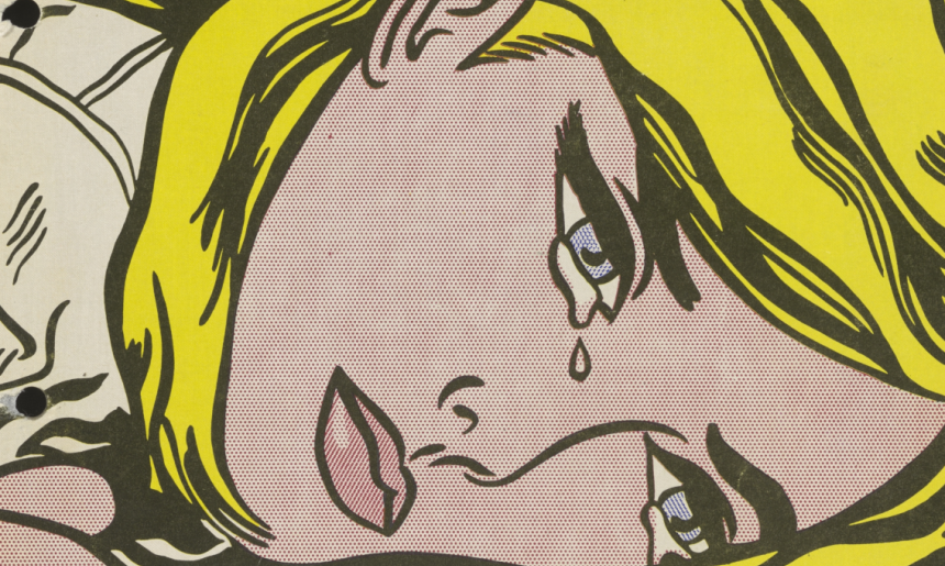 A portion of the cover of The Rocky Horror Picture Show film script featuring a graphic of a blonde woman's face. The woman is crying.