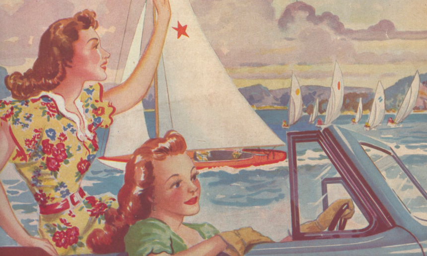 detail of cover of Air travel and holiday with illustration of two women driving a car past some boats 