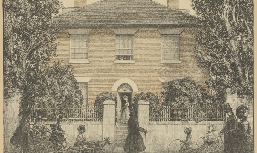 Detailed illustration of a 2 storey brick house with a woman at the front door, and people walking along the path out front