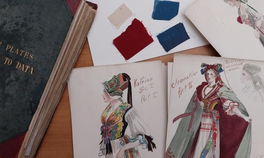 Hand drawn costume designs of characters for The Girls of Gottenberg