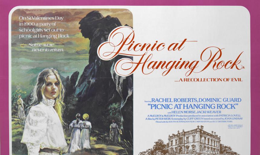 To the left of the image the illustrated film poster shows girls in flowing white dresses in front of a large rock formation. The right side of the image features the film title and credits and a drawing of a large house.