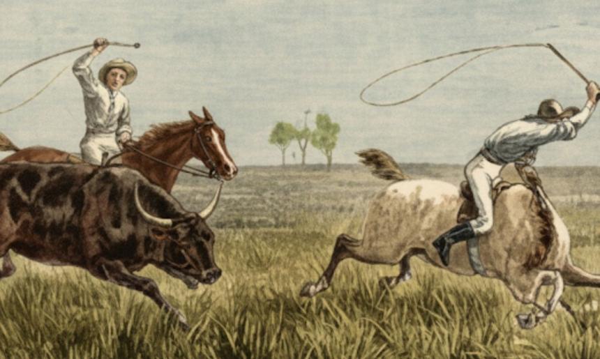 A painting of two stockman riding horses and holding whips high in the air, capturing a bull