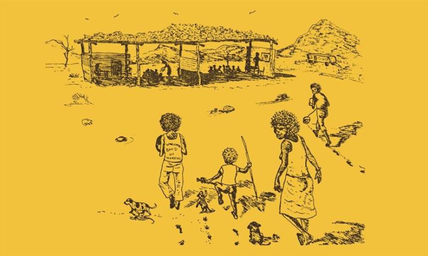 An illustration of four children walking towards a covered area where there are two groups of children and being taught by two teachers. There are hills in the background and several birds flying in the sky.