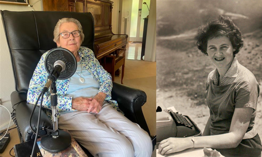 Side by side images of Patricia Clarke, on the left she is seated facing a microphone. On the right she is using a typewriter.