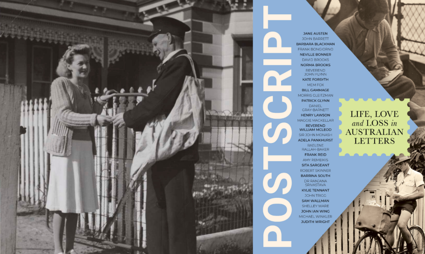 A woman stands at her front gate receiving mail from a postman on foot who wears a hat and carries a mail bag. To the right is the cover of the book Postscript.