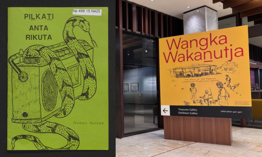 An illustration of black pen on green paper of a snake wrapped around a boom box. This is pictured beside an exhibition sign in a gallery.