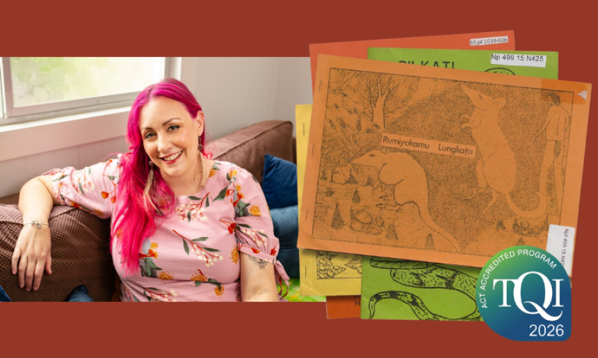 Portrait of Melanie Saward next to a the covers of a various Papunya readers, with the TQI accredited program logo 2026.
