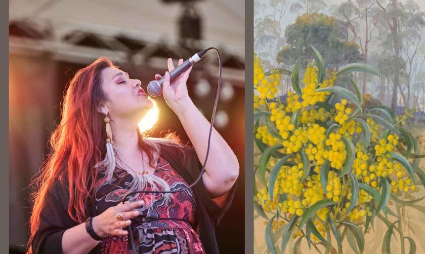A woman singing on stage is pictured on the left, the right shows a painting of yellow wattle
