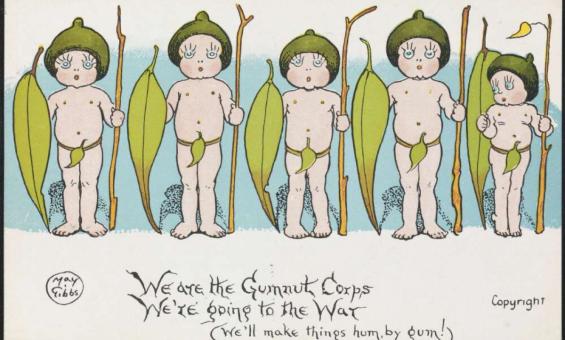 Five figures depicted on postcard with captioned rhyme.