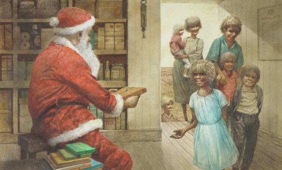 Santa Claus presenting gift to family entering the room