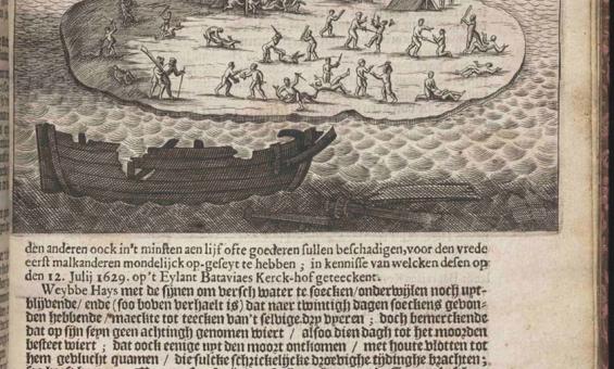 An image from an old Dutch book showing some text with a pen drawing above the text of several tents on an island and many people fighting with each other.