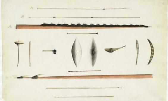 A detailed drawing of various hunting implements and weapons. The illustration includes spears, shields, boomerangs, clubs, and other tools, arranged in a grid-like pattern on a plain background. Each item is depicted with precise lines and shading, with some labelled using letters A and B.