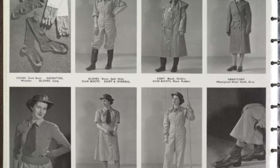 A collage of black-and-white photographs showing different items and types of clothing worn by members of the Australian Women's Land Army, including socks, gloves, boots, shirts, overalls, frocks, coats, and hats.