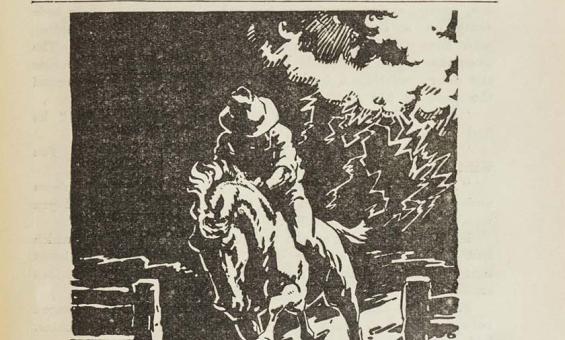 Front cover of 'The school magazine' with a drawing of a man in a hat riding a galloping horse through a gate at night.