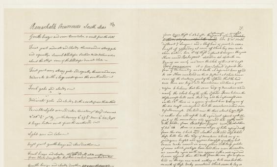 This image shows two handwritten journal pages: the left features structured, titled entries, while the right is filled with continuous cursive text, densely covering the page in a narrative style.