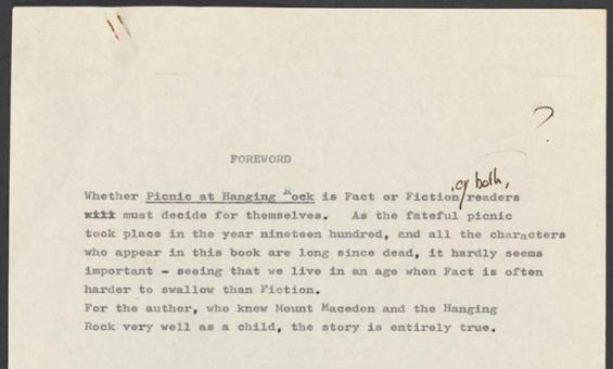 A yellowed typewritten page saying 'Foreword' and some hand written words saying 'or both?' next to fact or fiction.