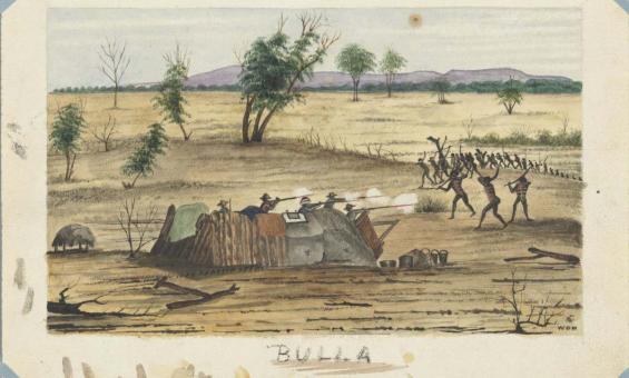 A water colour painting of men firing rifles from a tent at a tribe of First Australians on an outback plain.