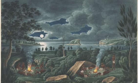 A landscape showing a group of people gathered around two campfires. Some sit and lie near the fires, while others stand. Smoke rises from the fires into the night sky. A body of water and distant cliffs are visible under a moonlit, partly cloudy sky.