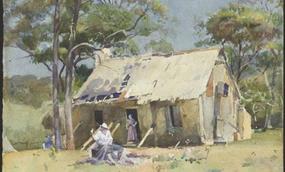painting of small house in the Australian bush