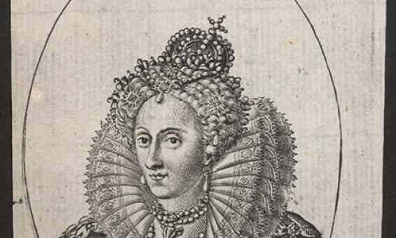 A print of a woman within an oval frame. She is wearing an elaborate ruffled collar and dress. She is wearing a crown. Below her portrait are words in Latin: 'Elizabetha D.G. Regina Ang: Fran: et Hib.'