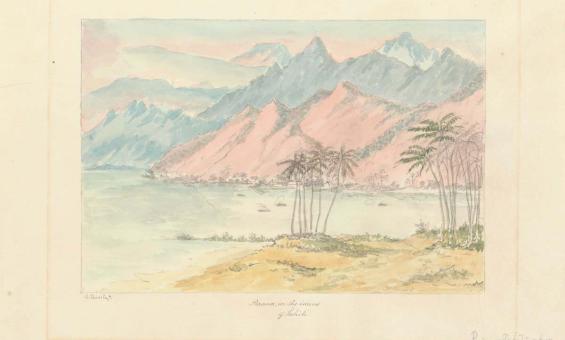 A colourful watercolour showing the coast and mountains of Tahiti. The whole scene is rendered in pastel pinks, greens and blues. In the foreground a grassy shoreline is dotted with palm trees. a bay or inlet seperates the island with the jagged mountains int he background. water craft are dispersed around the water.