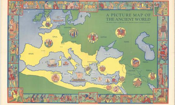 A colourful drawn map of the 'ancient world'. The territory of the Roman Empire is shaded in yellow. Inset around the map and border are depictions of people and cultures around the map.