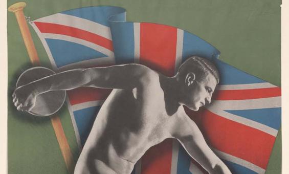 A large poster showing a naked man preparing to throw a discus. Behind him is a Union Jack on a green background. There is a red strip along the bottom of the page with the words "Australia's 150th Anniversary Celebrations. Sydney 1938". In smaller writing next to the man is text saying "British Empire Games 5 to 12 Feb 1938