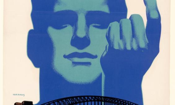 A vintage poster featuring a large blue-toned illustration of a man's face and hand, positioned above the Sydney Harbour Bridge. The man’s hand is raised with fingers partially curled. Below, the Harbour Bridge is shown at night with city lights reflecting on the water.