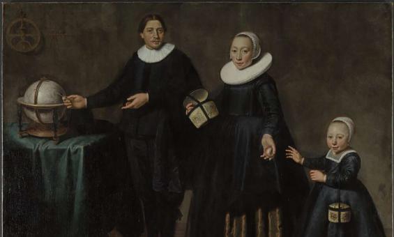 Painting of a man, woman and young child.  The man is motioning towards a globe and the woman is passing an apple to the child.