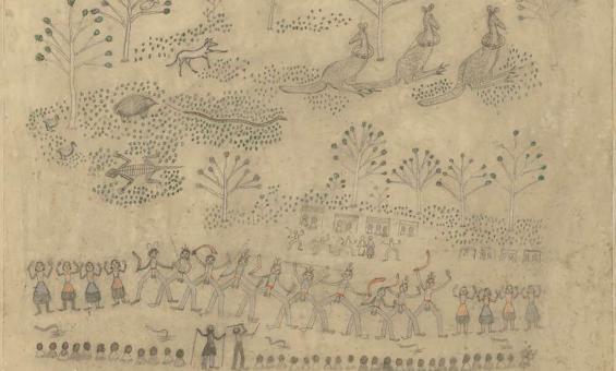 Pencil drawings depicting Aboriginal peoples and native Australian flora and fauna