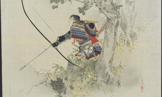 print of samurai archer in blue and red outfit