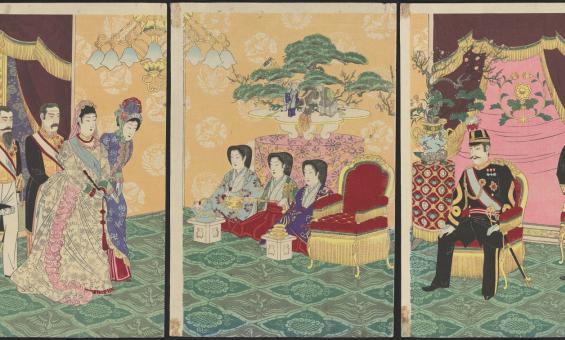 The Japanese print set depicts the ceremonial scene of marriage of very high class couple, possibly the emperor and his would be wife; various traditionally Japanese customs can be observed, and at the same time, Western influences in clothing and decorations are also eminent.