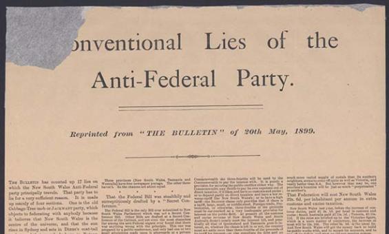 A yellowed sheet of paper with the headline '[Co]nventional Lies of the Anti-Federal Party'. The 'C' and 'O' of the word 'conventional' is missing as the corner of the page has been torn off. The very small text is set out in four columns