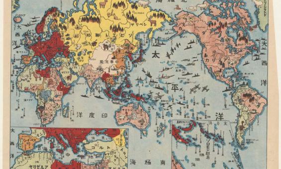 Map of the world during World War II showing Japanese and German influence and occupation, international boundaries, transportation, oil fields etc. Scattered around the map are depictions of war technology including battleships, aircraft and artillery.  Some countries have depictions of animals or 'things' relevant to the country eg. in the middle of Australia is a kangaroo, emu, a platypus and sheep. Inset at bottom left and right are close ups of the Mediterranean and Solomon Islands respectively.