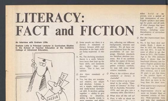 A page of a newspaper with the headline 'LITERACY: FACT and FICTION'. The page also includes cartoons and black and white photos